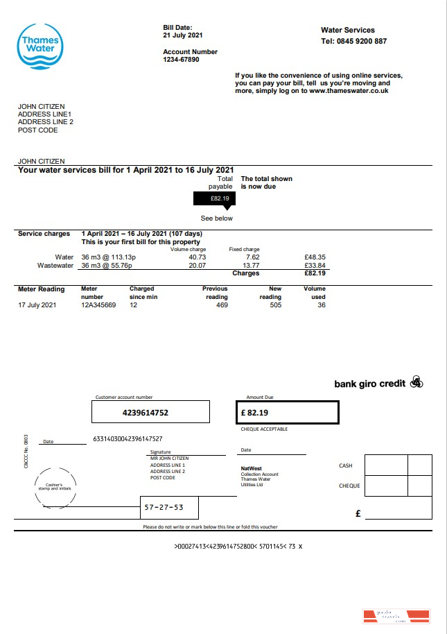 United Kingdom Thames Water utility bill template in Word and PDF format